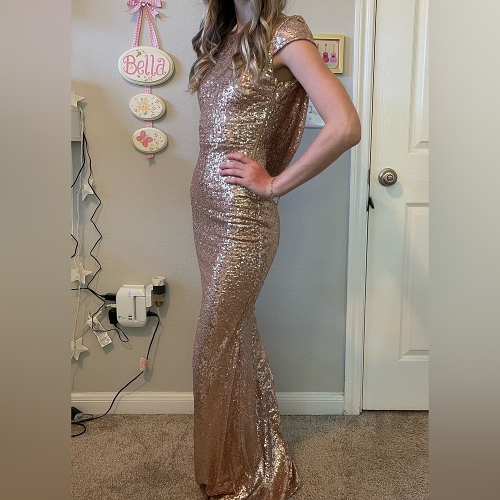 Rose Gold Cape Sequin Prom Dress